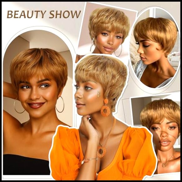 Short Pixie Cut Human Hair Wig Glueless Pre Plucked With Bangs Daily Wear